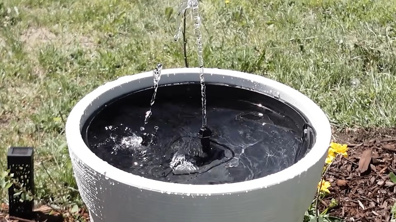 Solar water fountain in a white planter