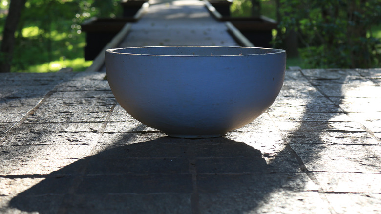 A large bowl receiving sunlight in garden pathway