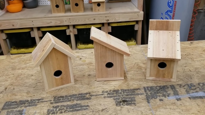 Three different styles of birdhouse all made with a single board