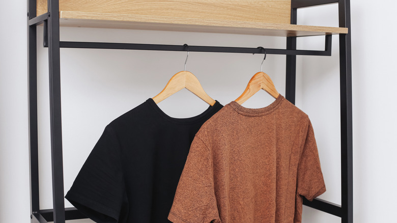 Basic metal and wood closet unit with two-t-shirts hanging in it