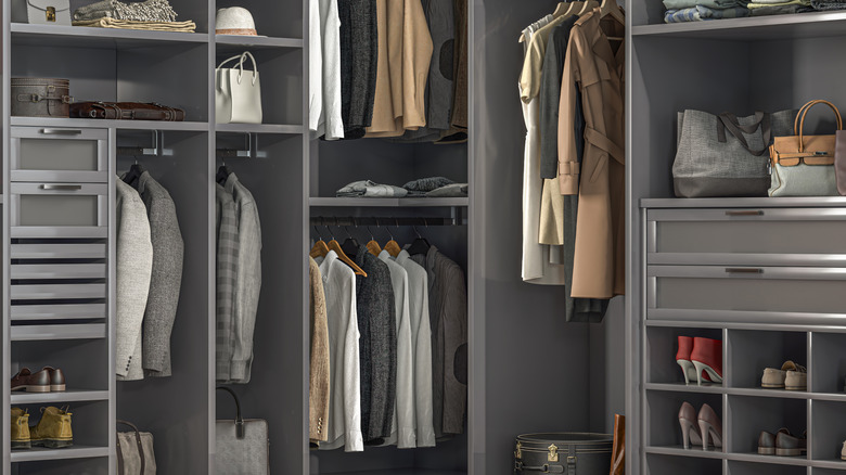 Gray-colored closet with hanging rods, drawers, and shelves