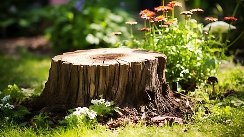 A tree stump is surrounded by grass and flowers in a garden.