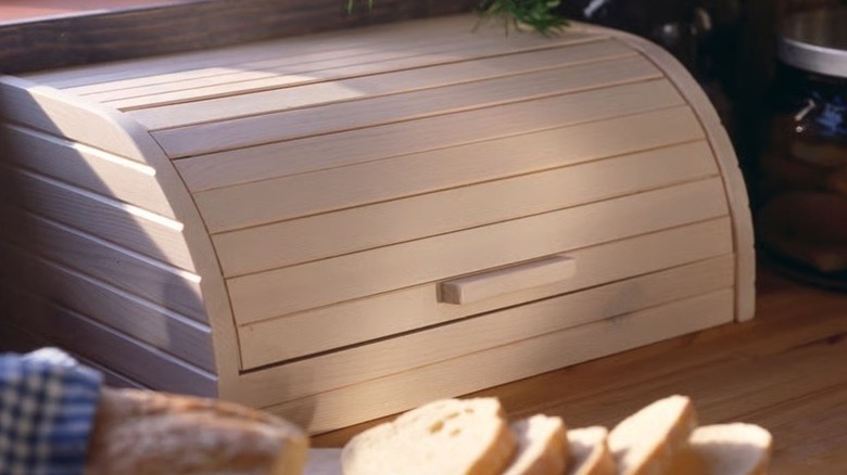 The IKEA MAGASIN bread bin on the counter.