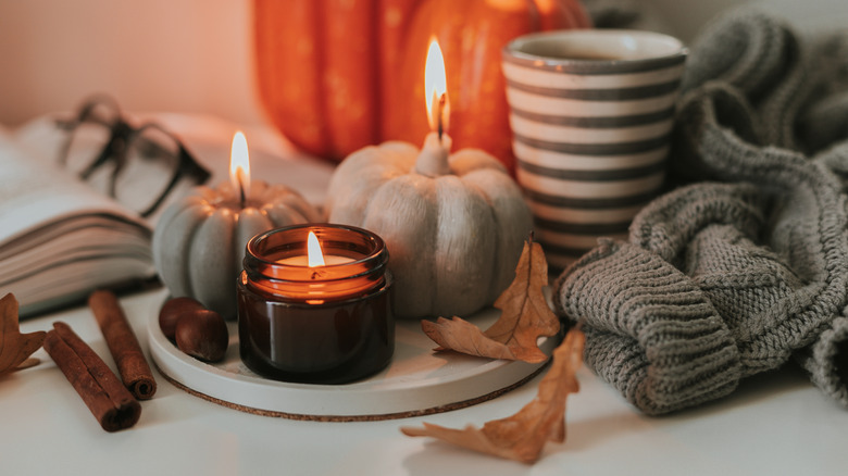 Fall seasonal decor items with coffee