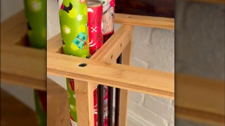 A still image of a shoe rack turn wrapping paper station