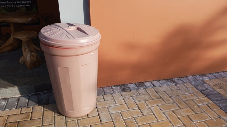 brown plastic trash can with lid sitting outside