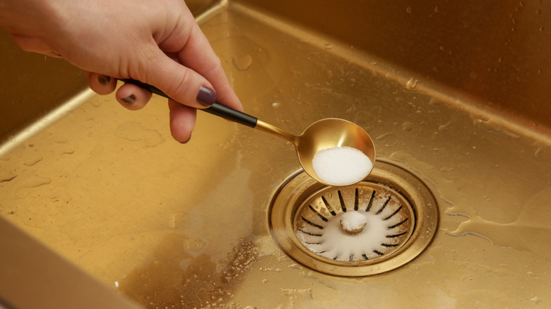 Someone pouring baking soda in kitchen drain