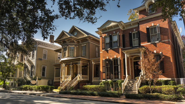 Row of historic homes on a tree-lined street