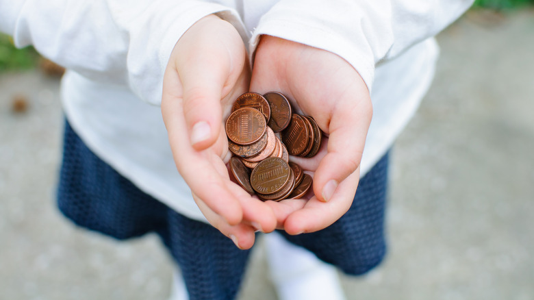Person holding pennies outside