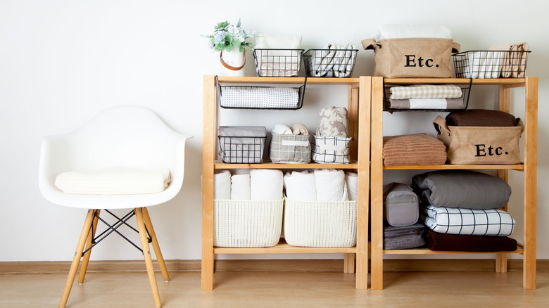 various baskets with linens 