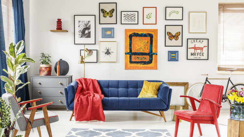 living room with colorful gallery wall