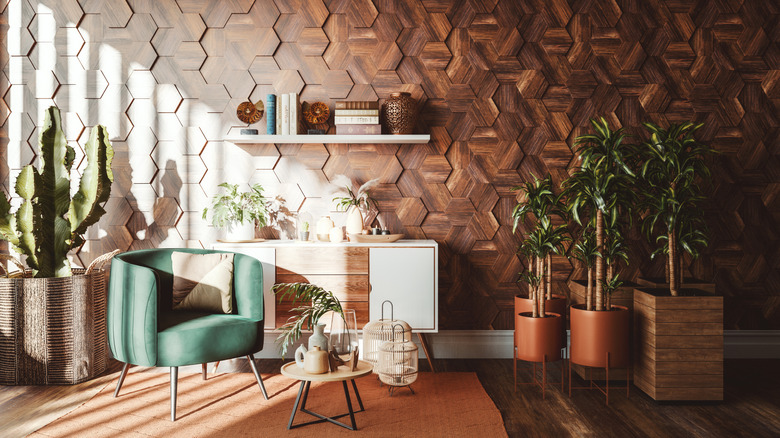 Living room with green and terracotta colors