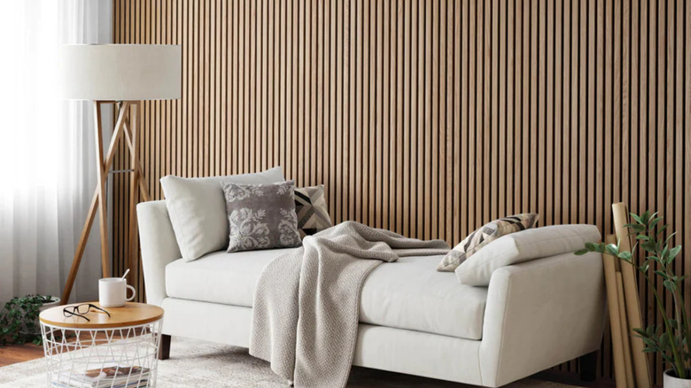 Fluted wood paneled living room