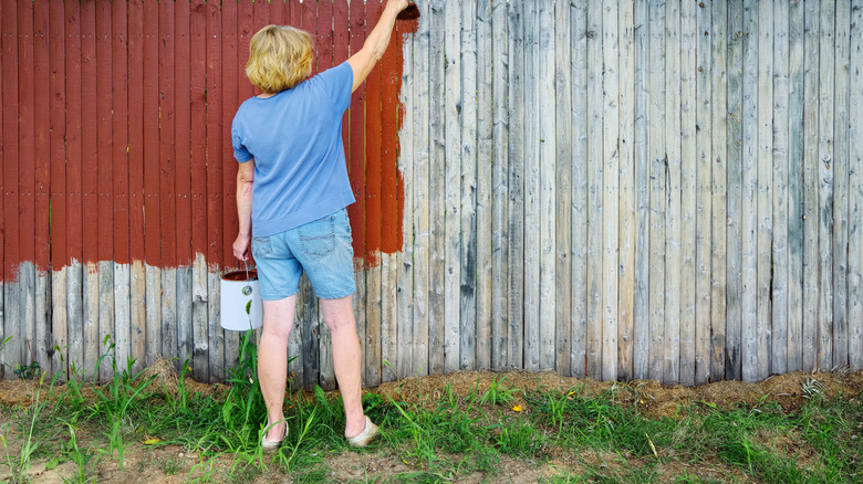 Person painting fence red