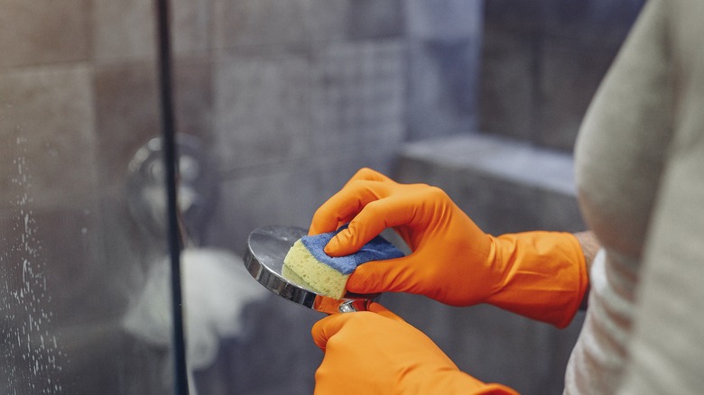 Gloved hands cleaning with sponge