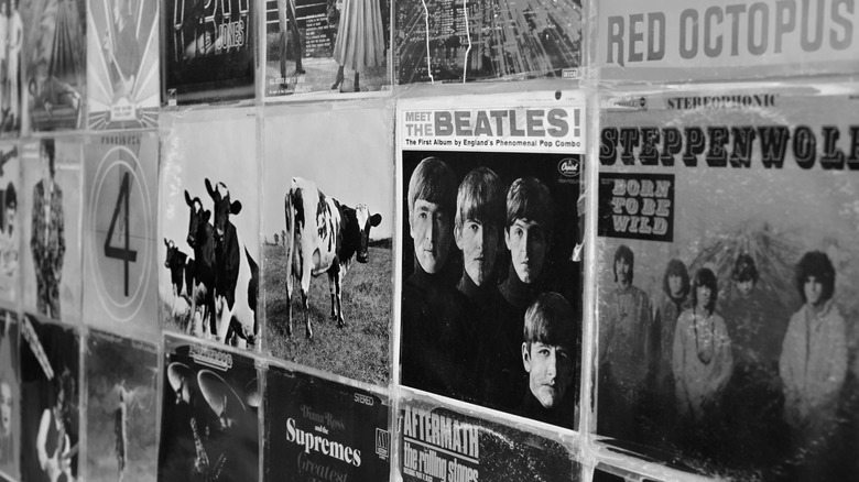 Vinyl albums hung on wall