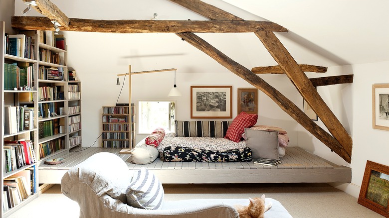 A large finished attic that has been turned into a bedroom