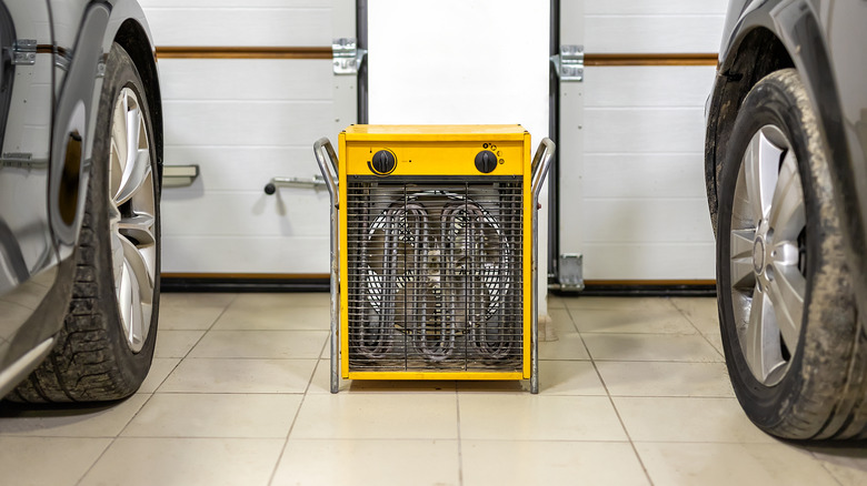 A portable heater in a two-car residential garage