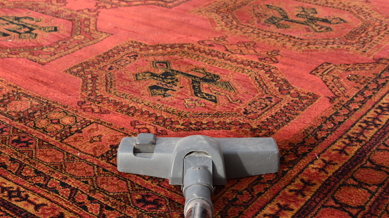 Vacuum cleaner cleaning a red and black patterned rug