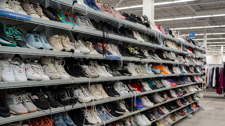 shelf of thrifted shoes