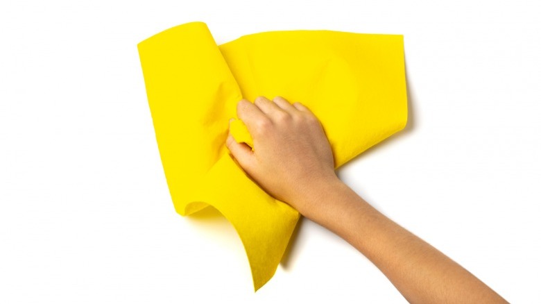 Woman's hand holding microfiber cloth 