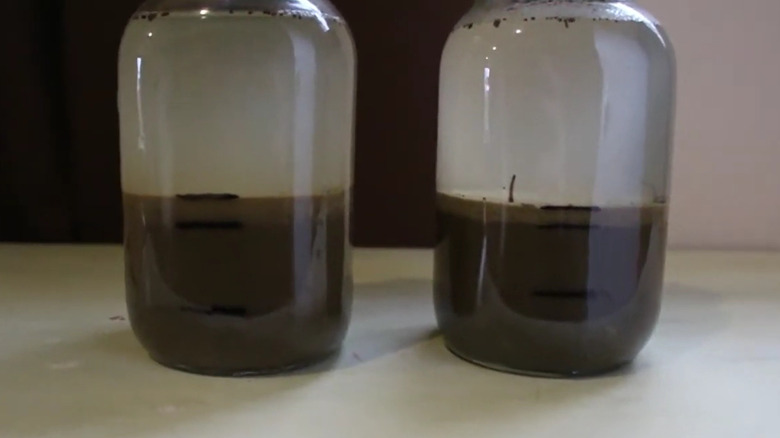 Two mason jars with separated soil inside them