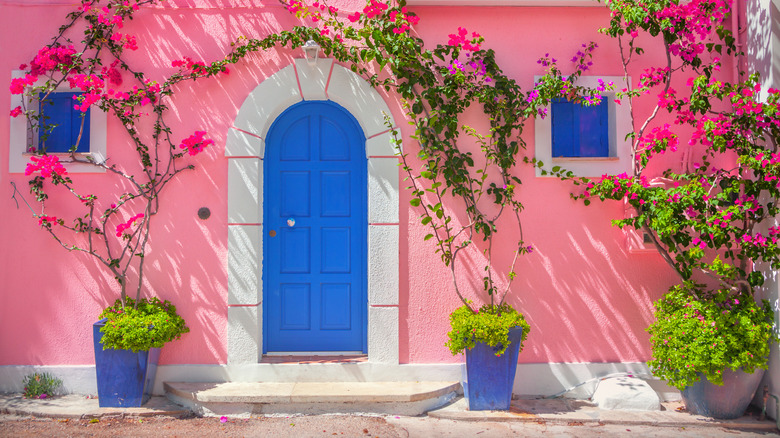 Pink house with bright blue door