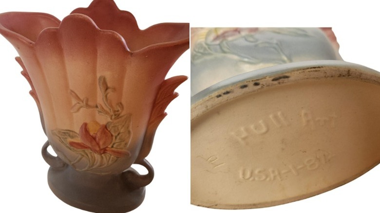 Split image showing a Hull pottery vase on the left with the logo on the base on the right