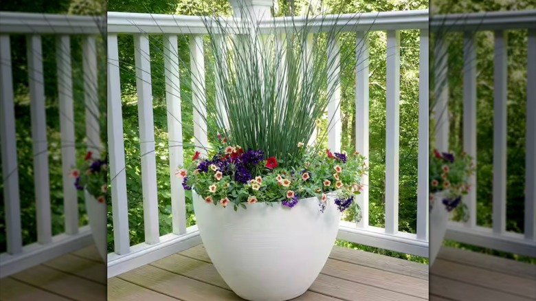 Large white planter with floral display on patio