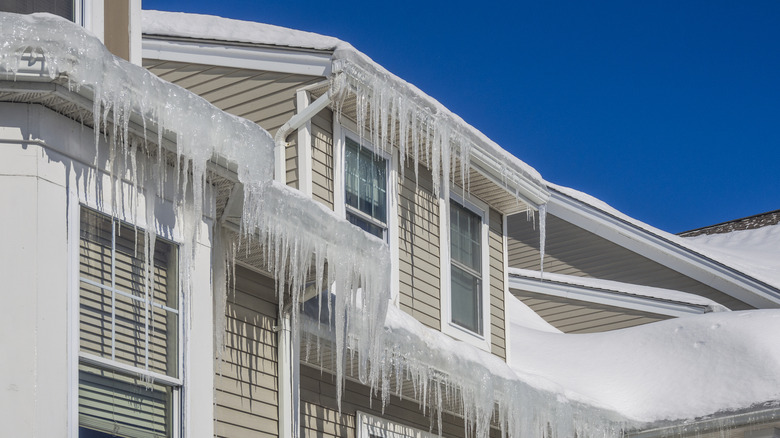 Close up photo of ice dam and icicles hanging off a house roof