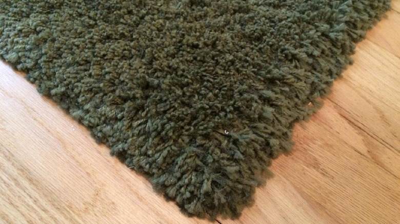 A corner of an olive green shag rug