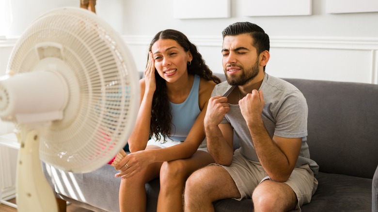 couple at home with fan 