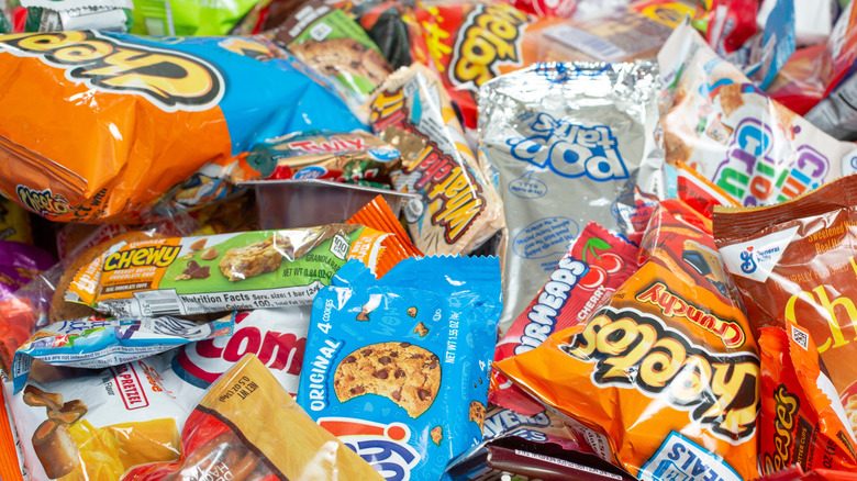 A pile of brightly colored snacks and sweets