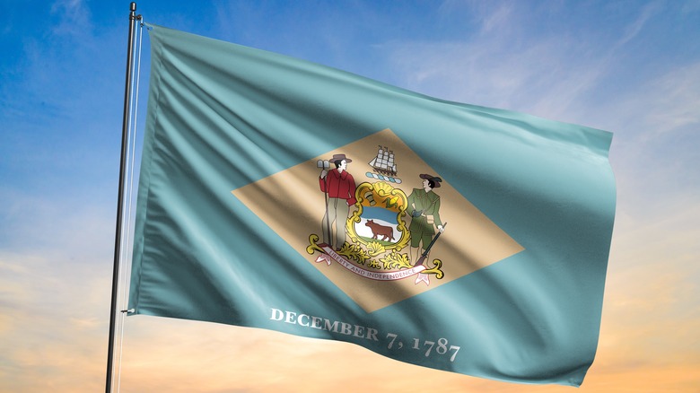 The Delaware state flag flying with a blue and orange sky in the background.