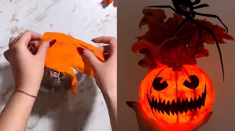A split image with hands gluing tissue paper to a balloon on the left and a glowing pumpkin lantern on the right