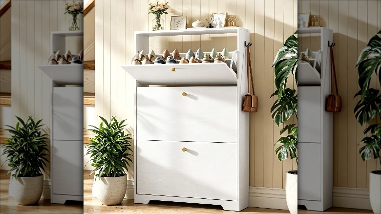 white Walmart Skyhill shoe cabinet with shoes and purse on it