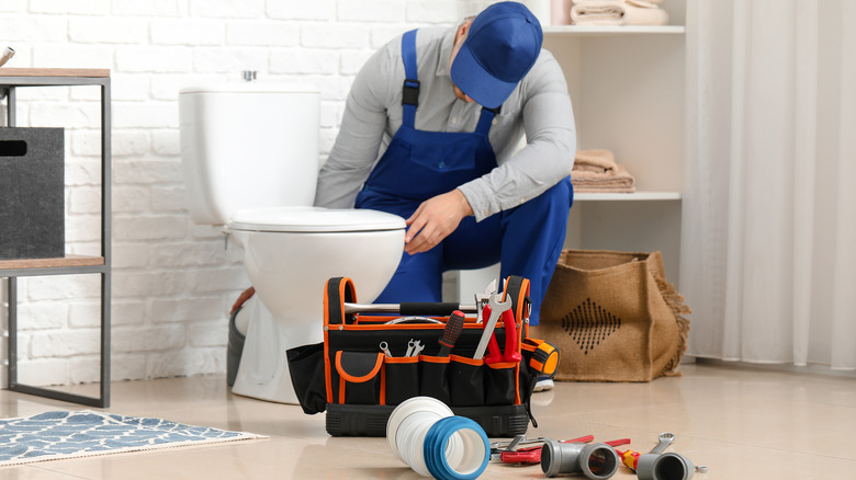 Person repairing toilet