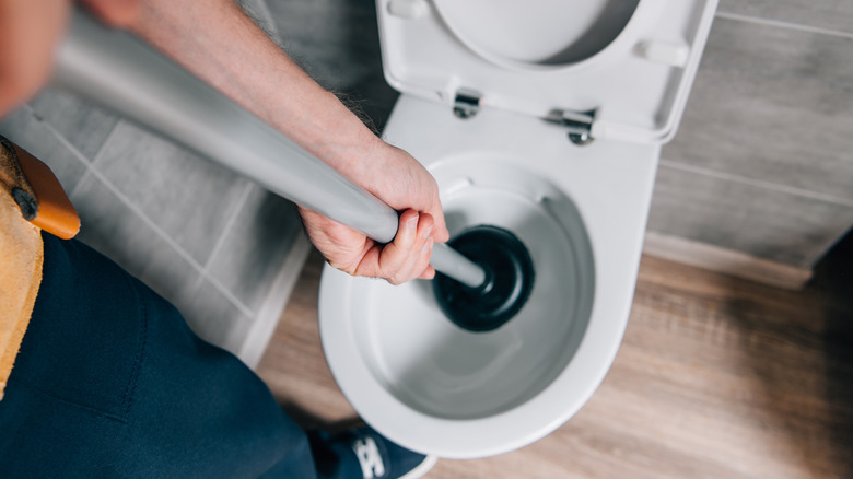 person using plunger in toilet