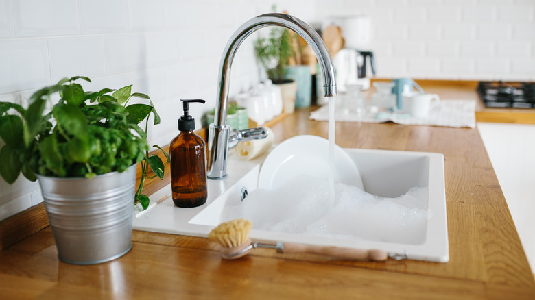 white dish soaking in sudsy sink