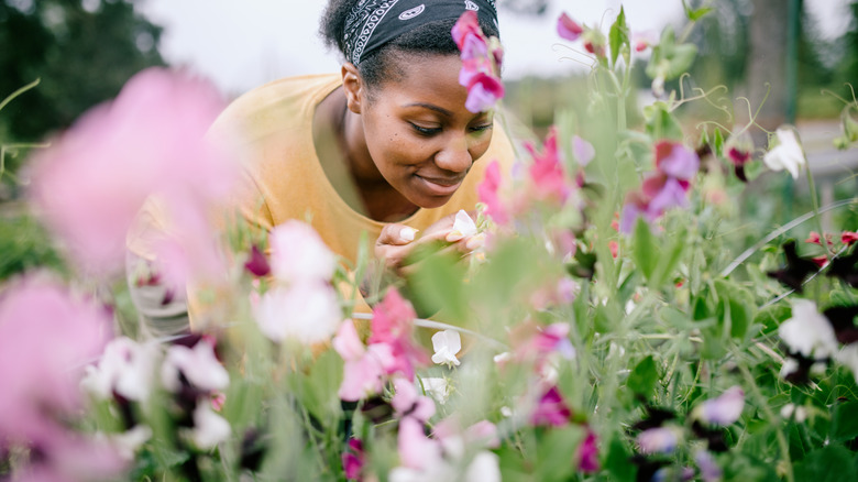 woman smelling garden flowers