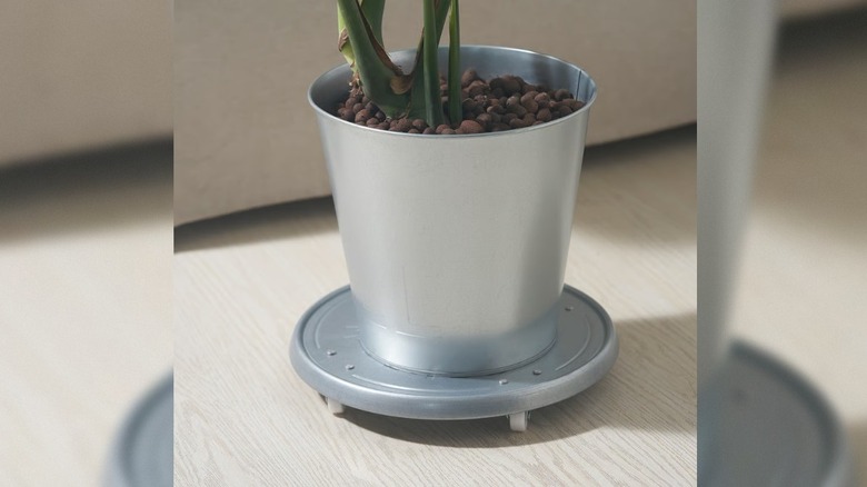 IKEA's ÅKERBÄR plant stand on wheels, a steel circular stand on wheels with a plant growing in it