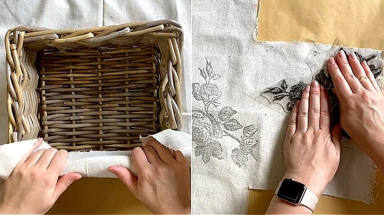 Split image of a person measuring fabric for a rattan basket, and a person adding floral stamps to a piece of fabric