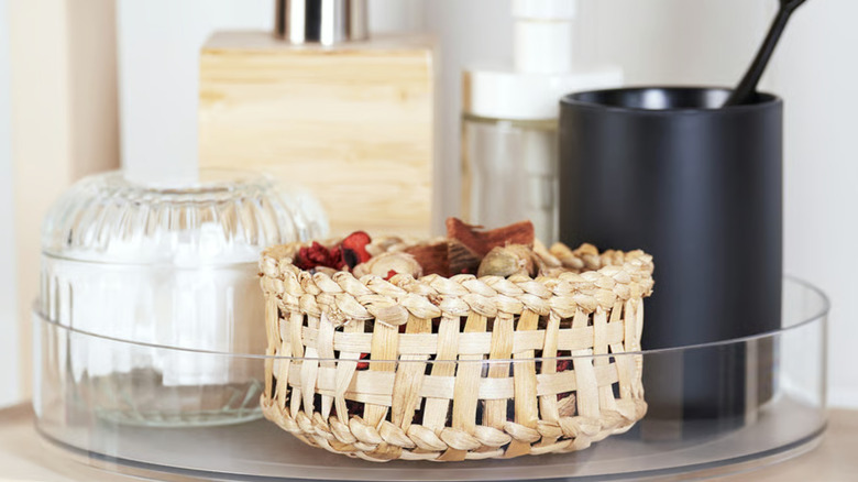 IKEA lazy susan filled with basic bathroom essentials