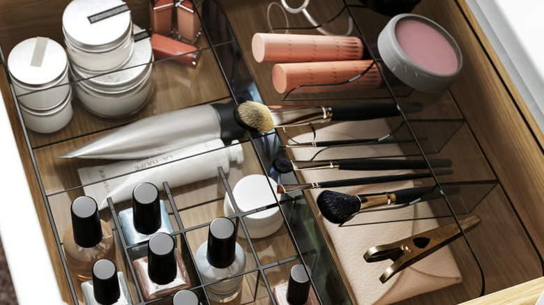 IKEA bathroom organizing box filled with nail polish and other essentials