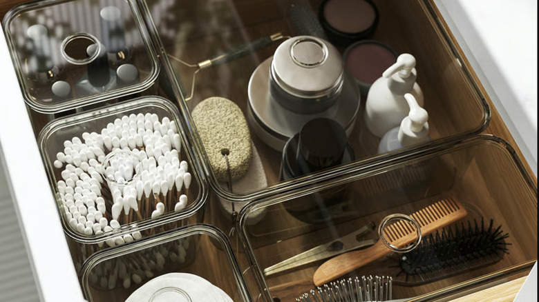 IKEA drawer organizers filled with bathroom essentials