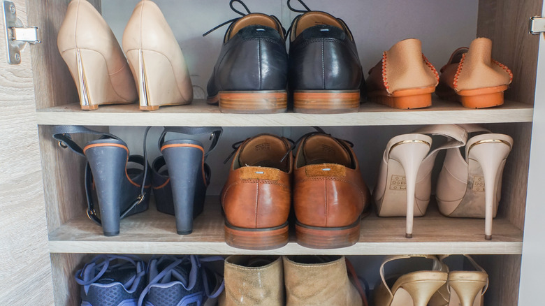 Several paris of shoes on shelves.