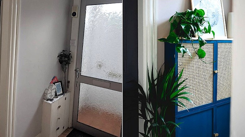 Split image showing the before and after of a DIY project that transformed IKEA CD racks into a cover for an entryway built-in