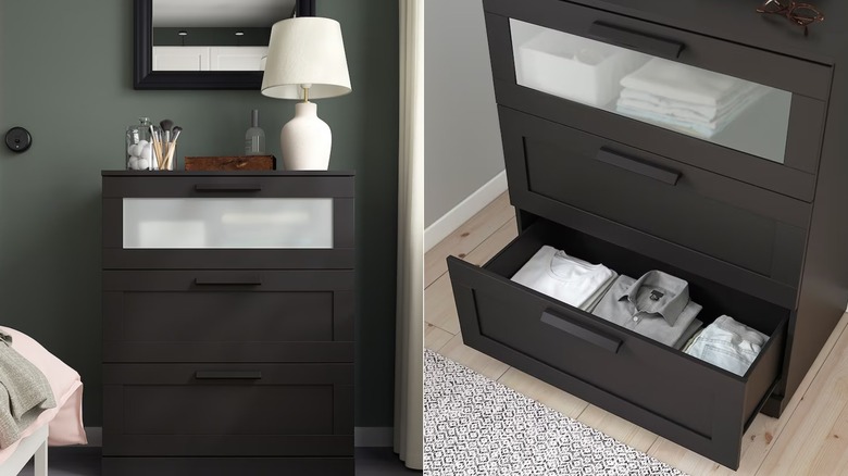 Black three drawer dresser with frosted panel