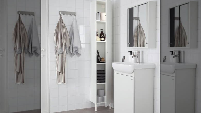 IKEA catalogue photo of the cabinet in a white and modern bathroom
