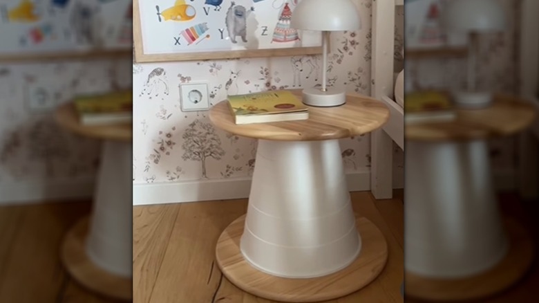IKEA DIY side table made with Lazy Susan and trash can